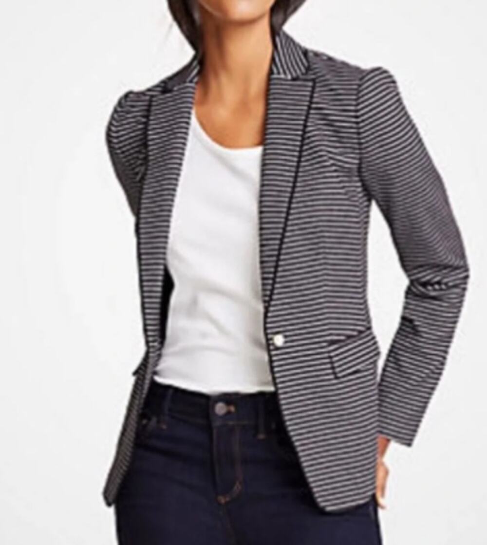 Ann Taylor Size 0 Blazer Navy White Stripe Tailored Silhouette One Button